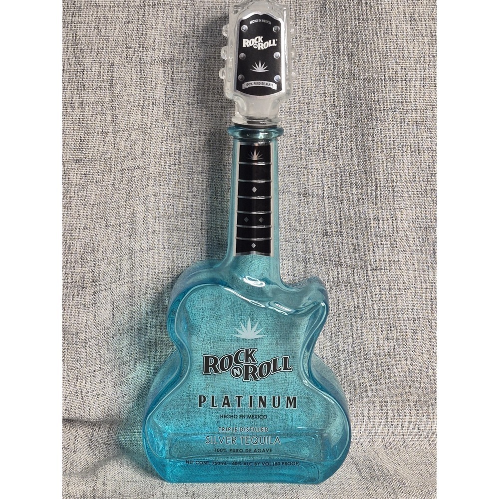 Rock N Roll Silver Tequila Aqua Blue 750ml Empty Guitar Shaped Bottle Platinum